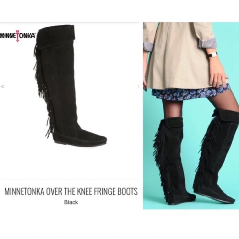 Vintage Suede Boots Black Fringe Knee High Tall Y2K Minnetonka Indian Moccasins